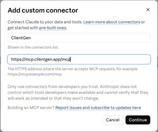 Add custom connector form with ClientGen as the name, https://mcp.clientgen.app/mcp as the server URL, and a Continue button
