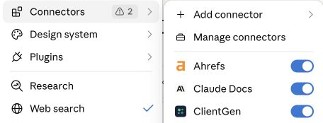 Claude chat menu with Connectors open and the ClientGen switch turned on in blue