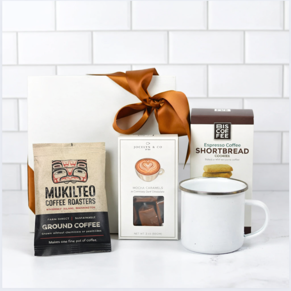 Coffee, treats and a mug in the But First, Coffee gift