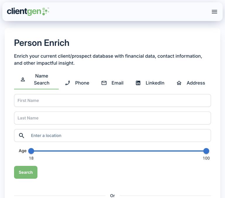 Actual ClientGen Enrich screen showing five ways to find a person and the CSV upload option