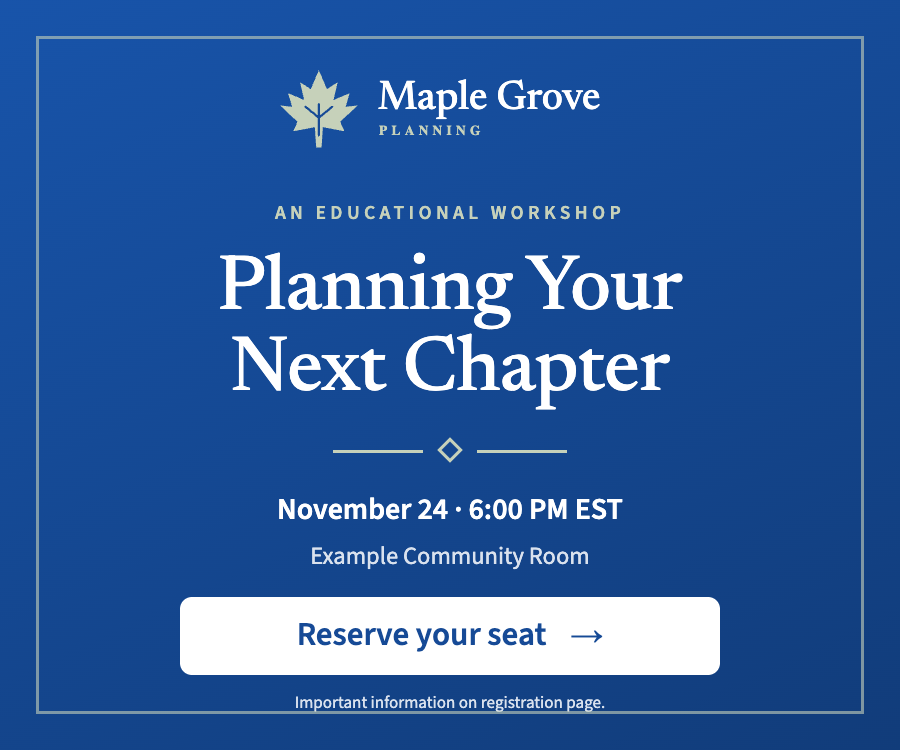 Matching blue Maple Grove display ad with a Reserve your seat button