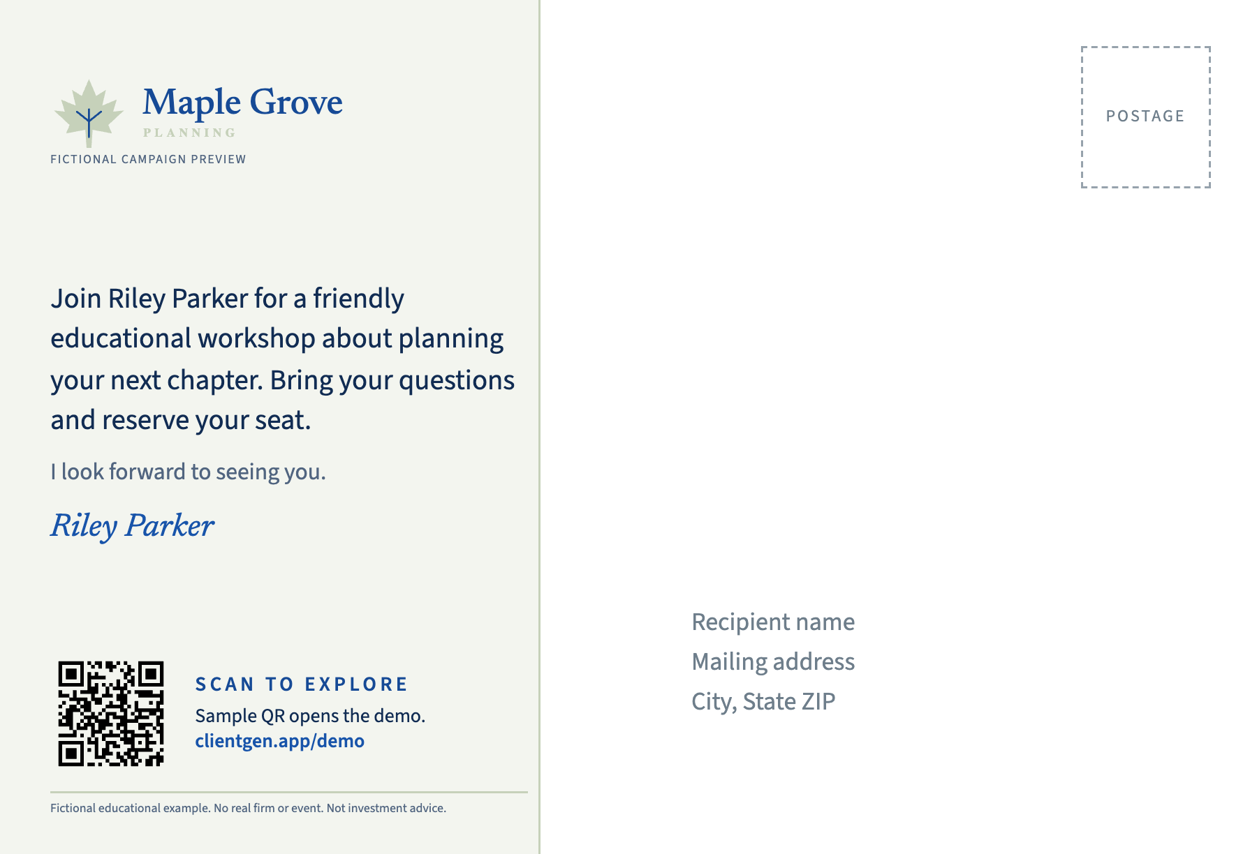 Back of the fictional Maple Grove invitation, with a sample QR code